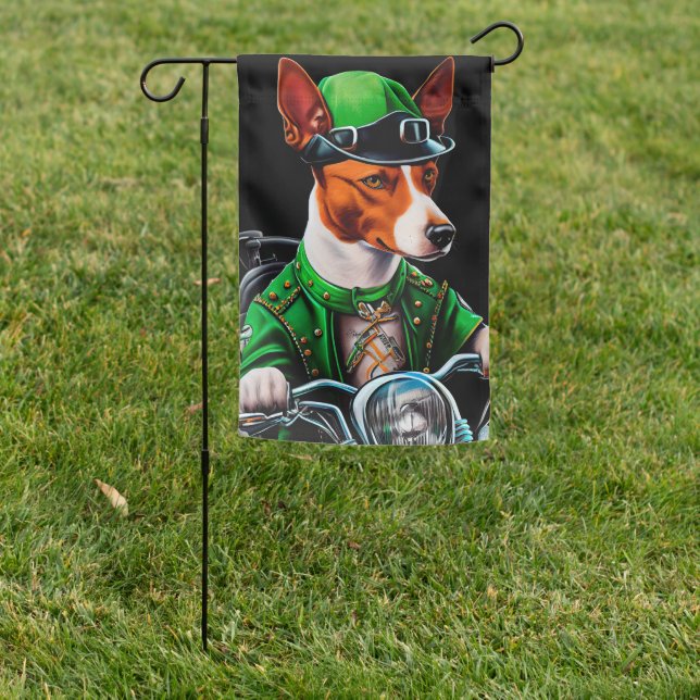 Basenji Dog driving bike St. Patrick's Day  Tote B Garden Flag (In SItu)