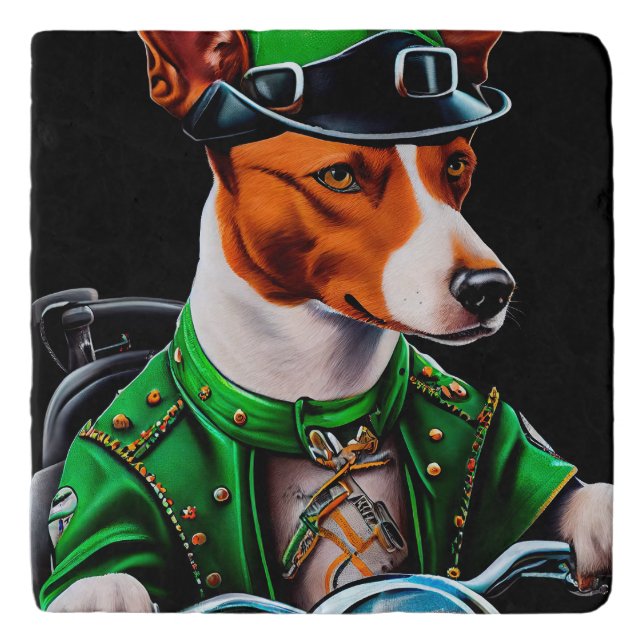 Basenji Dog driving bike St. Patrick's Day Trivet (Front)