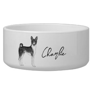 Basenji Dog In Black And White With Custom Name Bowl