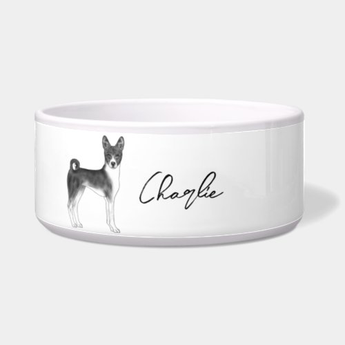 Basenji Dog In Black And White With Custom Name Bowl