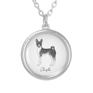Basenji Dog In Black And White With Custom Name Silver Plated Necklace