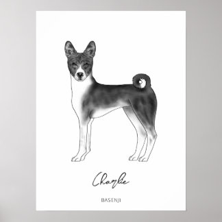 Basenji Dog In Black And White With Custom Text Poster