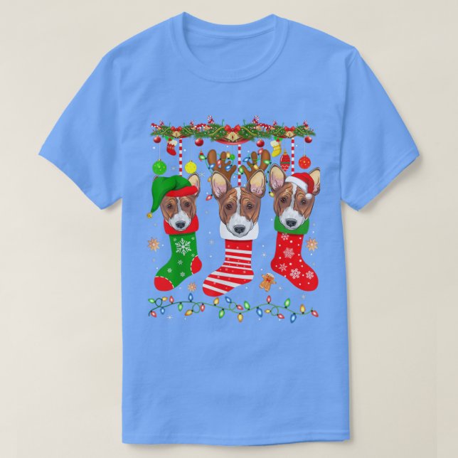 Basenji Dog In Christmas Socks Lights Xmas  T-Shirt (Design Front)