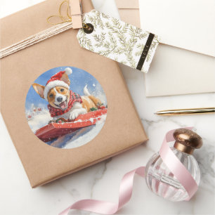 Basenji Dog in Sledge Let it Snow Christmas Classic Round Sticker