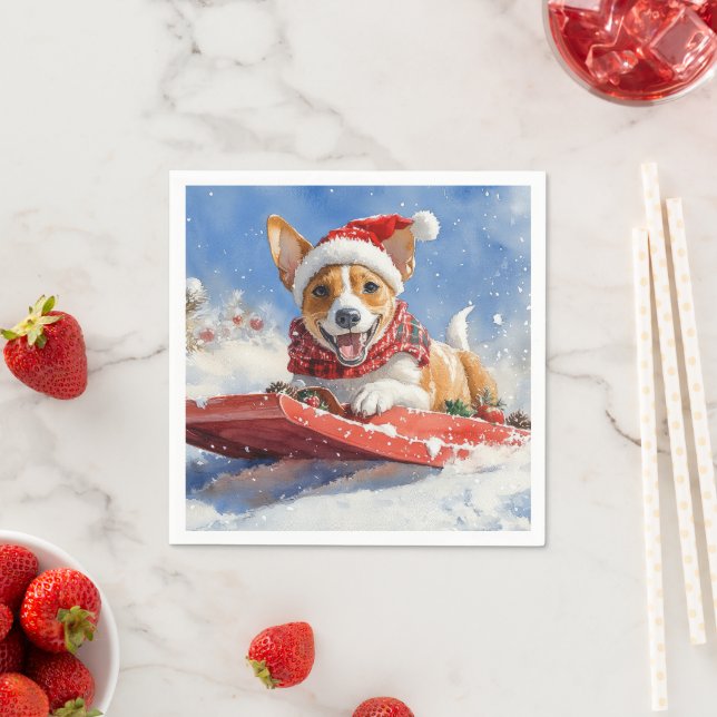 Basenji Dog in Sledge Let it Snow Christmas Napkins (Insitu)