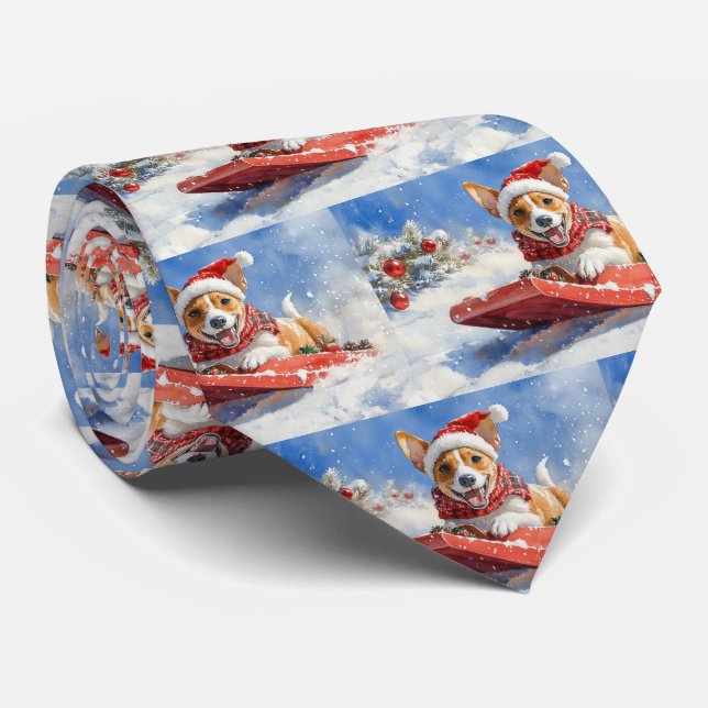 Basenji Dog in Sledge Let it Snow Christmas Neck Tie (Rolled)