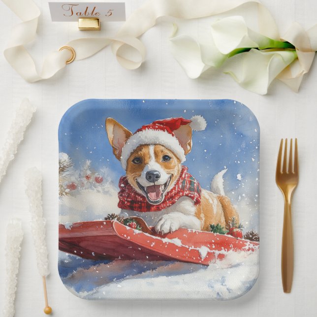 Basenji Dog in Sledge Let it Snow Christmas Paper Plates (Wedding)