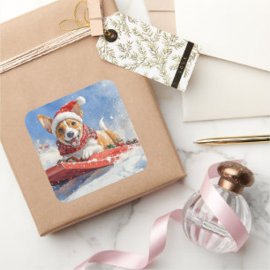 Basenji Dog in Sledge Let it Snow Christmas Square Sticker