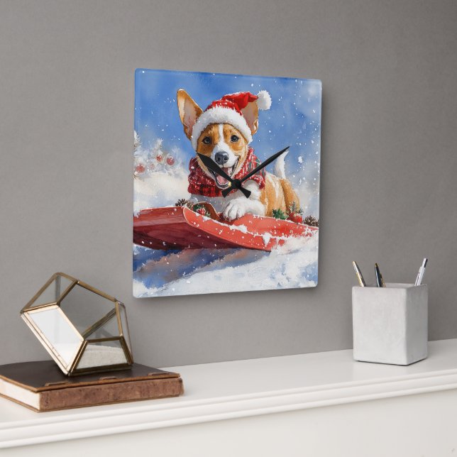 Basenji Dog in Sledge Let it Snow Christmas Square Wall Clock (Office)