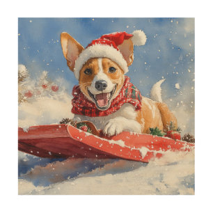 Basenji Dog in Sledge Let it Snow Christmas Wood Wall Art
