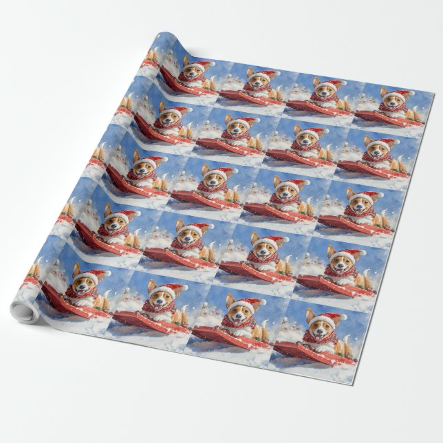 Basenji Dog in Sledge Let it Snow Christmas Wrapping Paper (Unrolled)