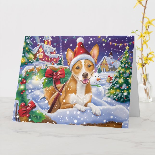 Basenji Dog in Sleigh Snow Christmas Card (Yellow Flower)