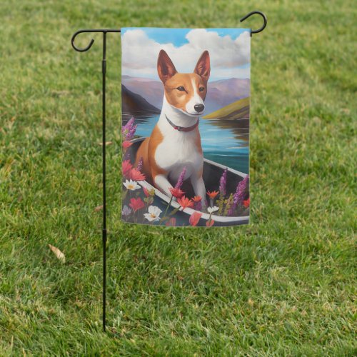 Basenji Dog on a Paddle A Scenic Adventure Garden Flag