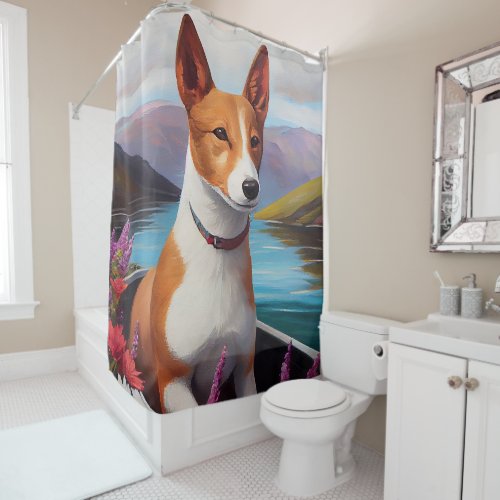 Basenji Dog on a Paddle A Scenic Adventure Shower Curtain