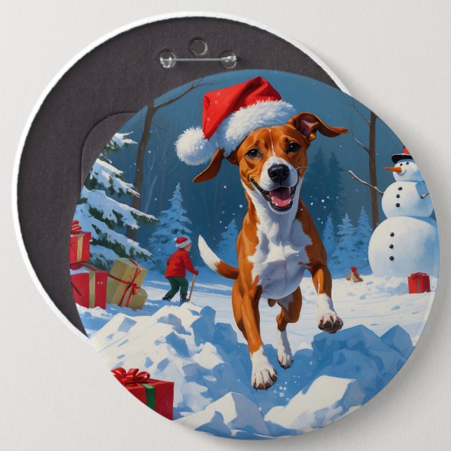 Basenji Dog Playing in Snow Winter Scene Button (Front & Back)