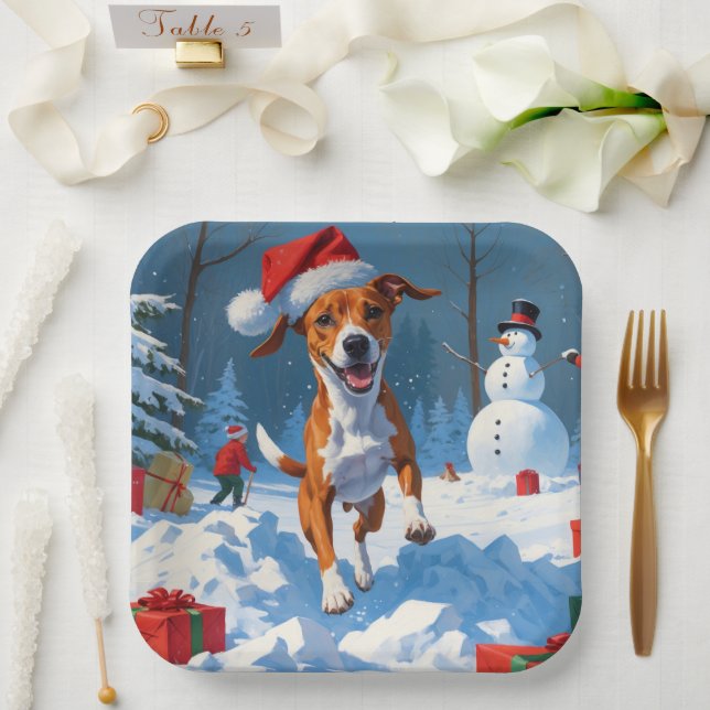 Basenji Dog Playing in Snow Winter Scene Paper Plates (Wedding)