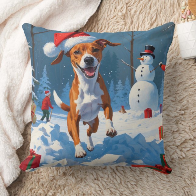 Basenji Dog Playing in Snow Winter Scene Throw Pillow (Blanket)