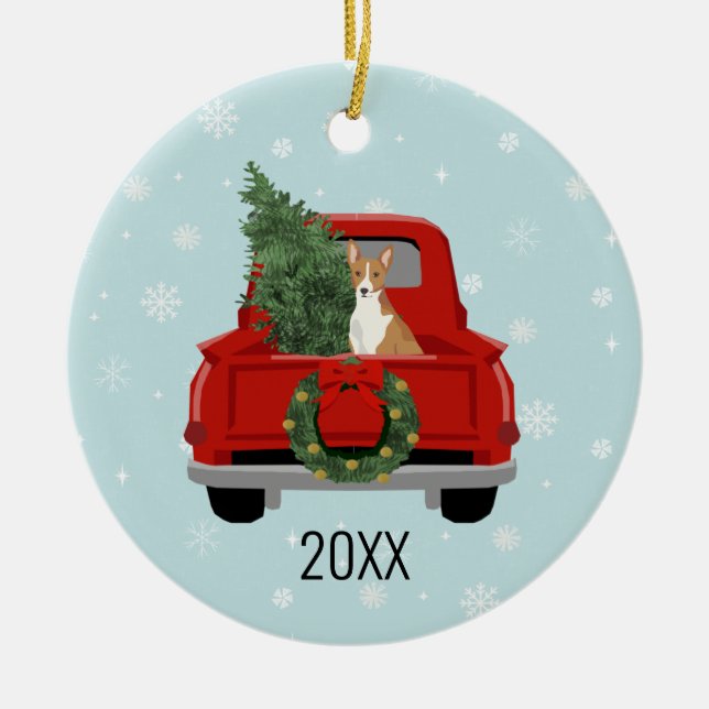 Basenji dog red truck christmas ceramic ornament (Front)