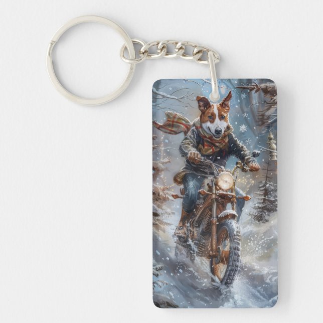Basenji Dog Riding Motorcycle Christmas  Keychain (Front)