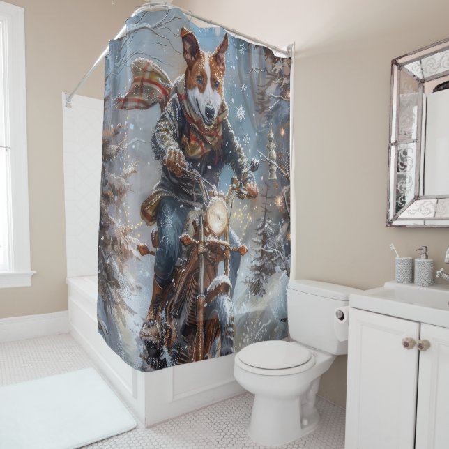 Basenji Dog Riding Motorcycle Christmas  Shower Curtain (In Situ)