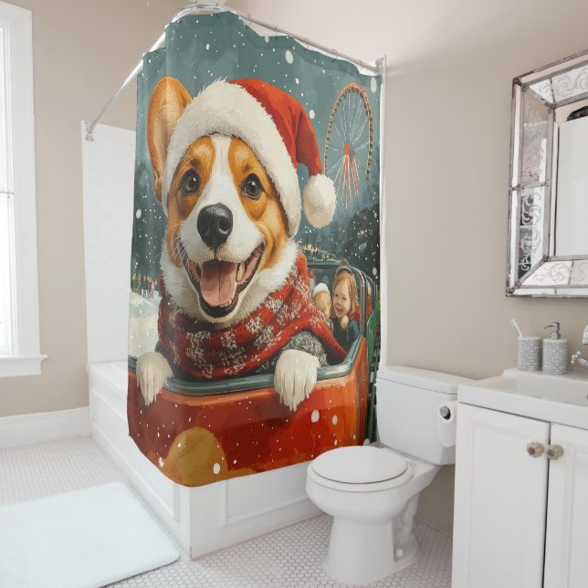 Basenji Dog Roller Coaster Christmas Shower Curtain (In Situ)