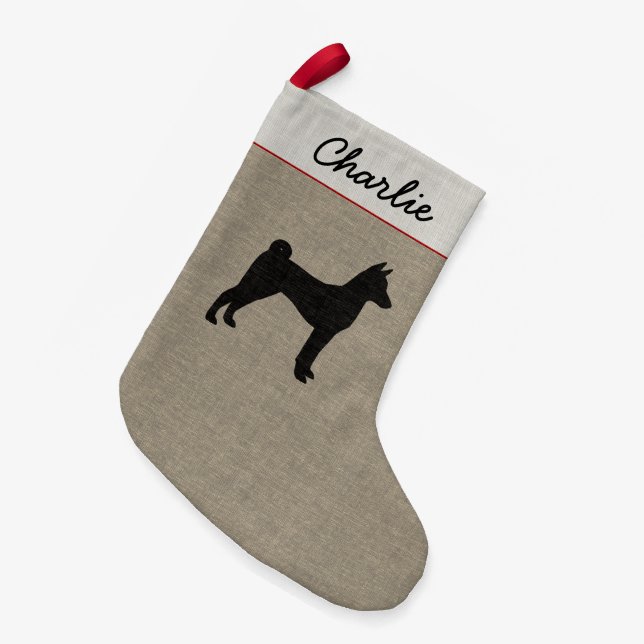Basenji Dog Silhouette Personalized Holiday Xmas Small Christmas Stocking (Front (Hanging))