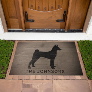 Basenji Dog Silhouette Rustic Wood Style Custom Doormat