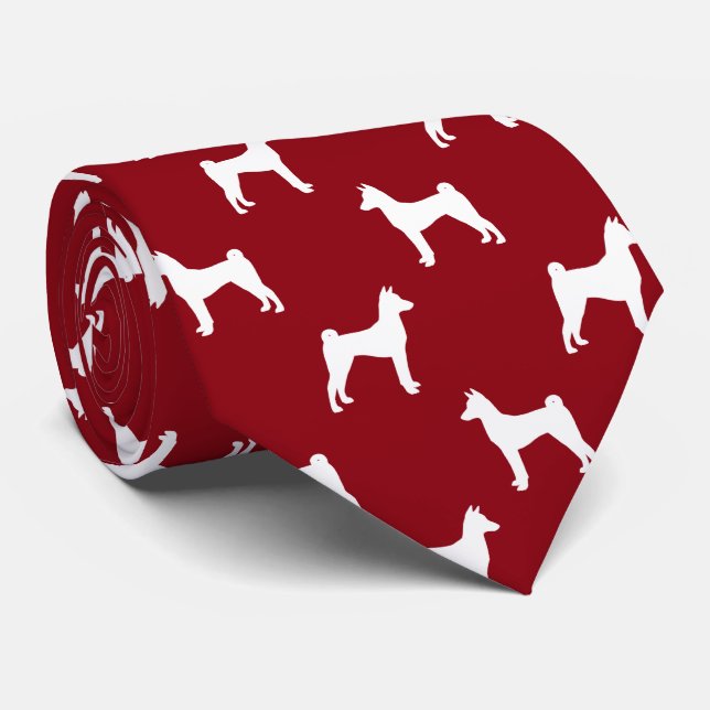 Basenji Dog Silhouettes Pattern Red and White Tie (Rolled)