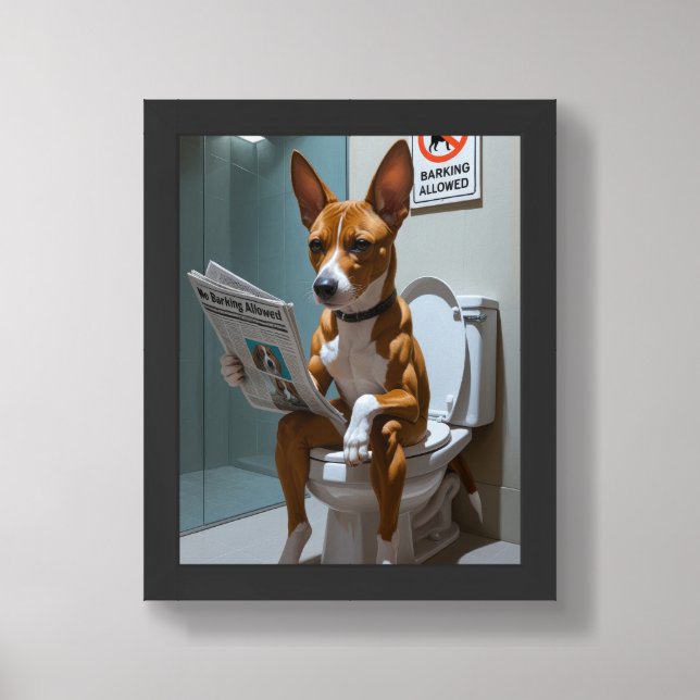 Basenji Dog Sitting On Toilet Funny Framed Art (Framed Front)