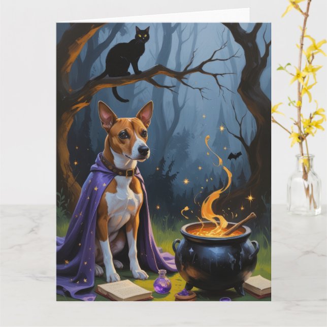Basenji Dog Whimsical Halloween Painting Card (Yellow Flower)