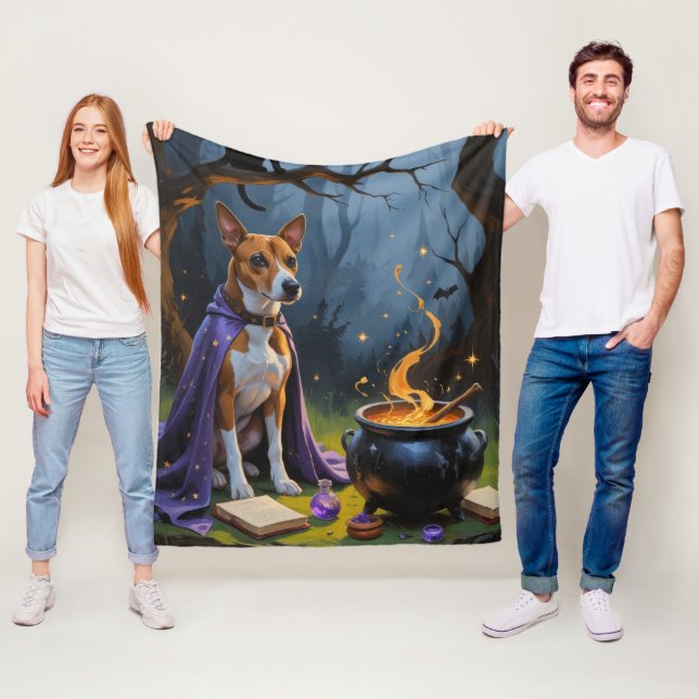 Basenji Dog Whimsical Halloween Painting Fleece Blanket (In Situ)