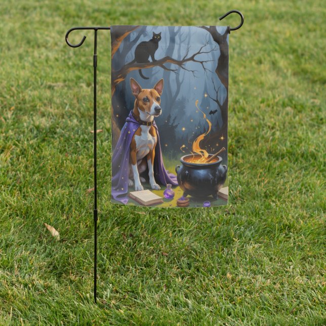 Basenji Dog Whimsical Halloween Painting Garden Flag (In SItu)
