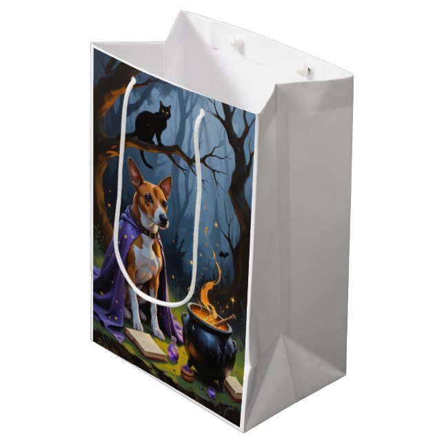 Basenji Dog Whimsical Halloween Painting Medium Gift Bag (Front Angled)