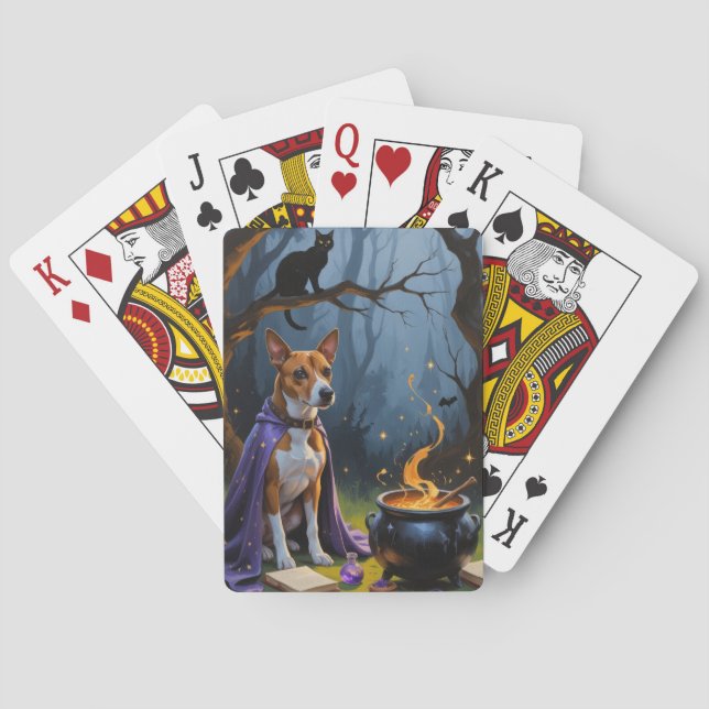 Basenji Dog Whimsical Halloween Painting Poker Cards (Back)