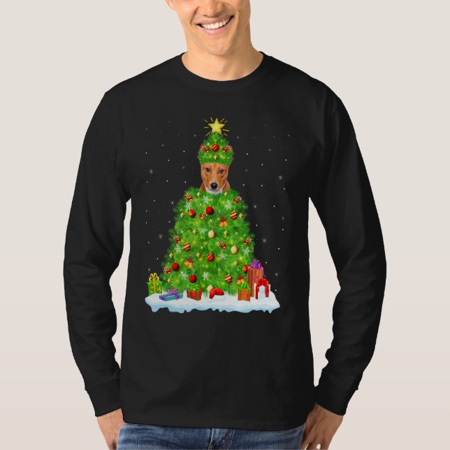 Basenji Dog Xmas Lighting Tree Funny Basenji Chris T-Shirt (Front)