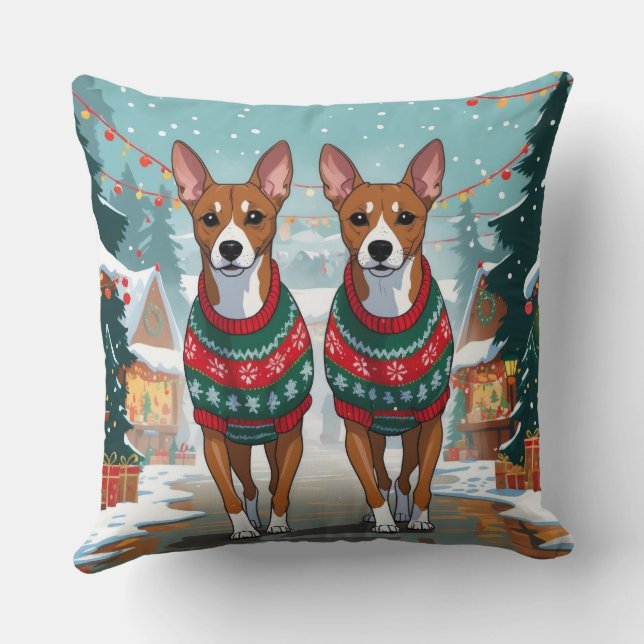 Basenji Dogs Christmas Snow Holiday  Throw Pillow (Back)