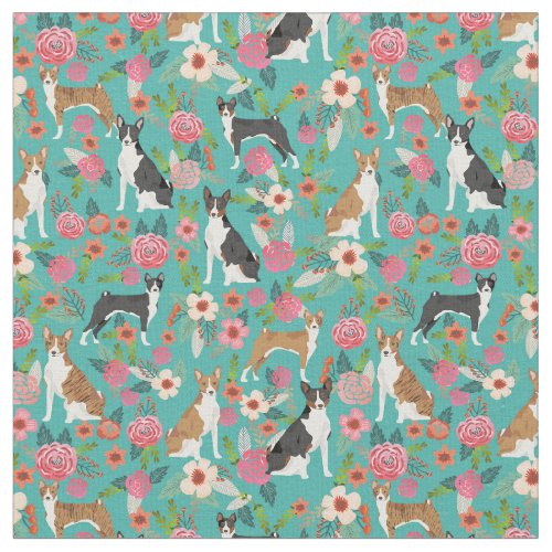 Basenji dogs vintage florals turquoise fabric