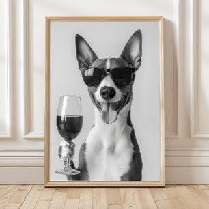 Basenji Drinking Wine Wall Art, Black and White Poster
