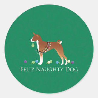 Basenji Feliz Naughty Dog Christmas Classic Round Sticker