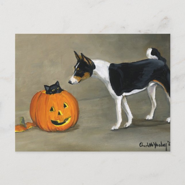 "Basenji Halloween" Dog Art Postcard (Front)