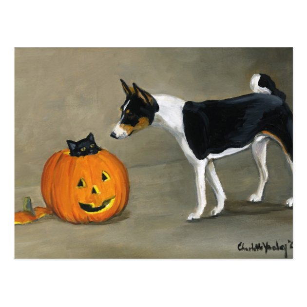 "Basenji Halloween" Dog Art Postcard