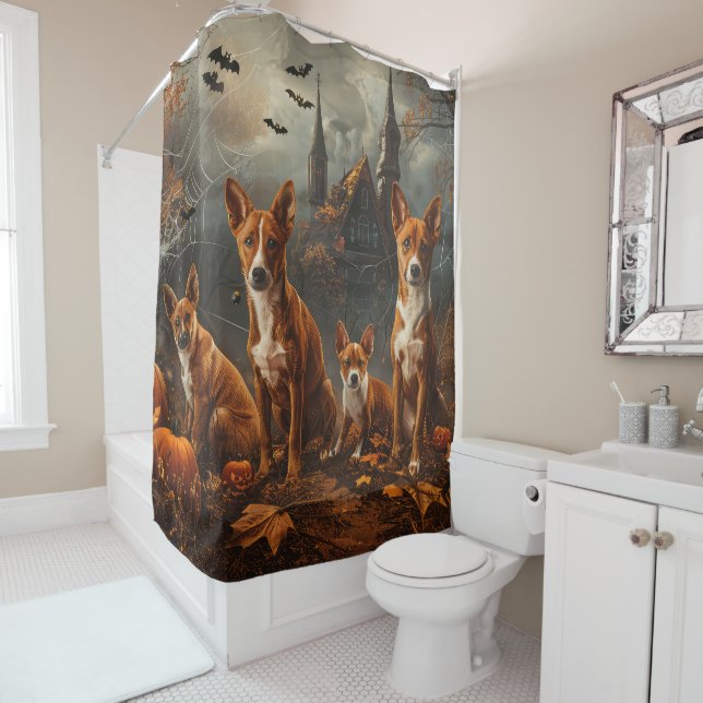 Basenji Halloween Night Doggy Delight  Shower Curtain (In Situ)
