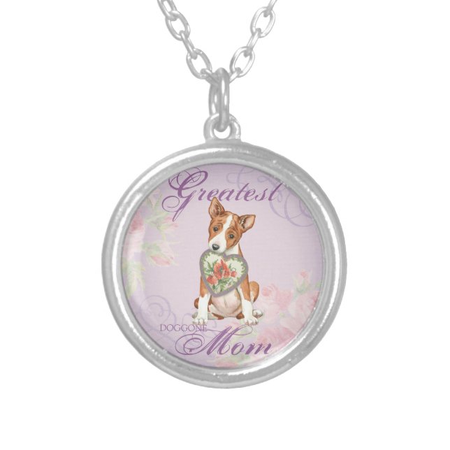 Basenji Heart Mom Silver Plated Necklace (Front)
