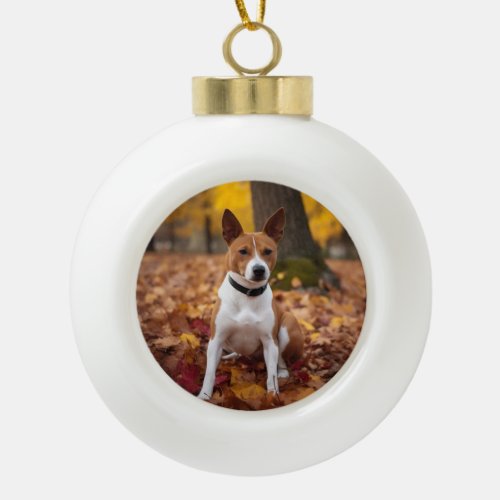 Basenji in Autumn Leaves Fall Inspire  Ceramic Ball Christmas Ornament