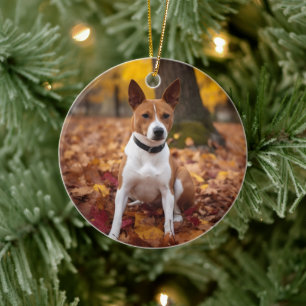 Basenji in Autumn Leaves Fall Inspire  Ceramic Ornament