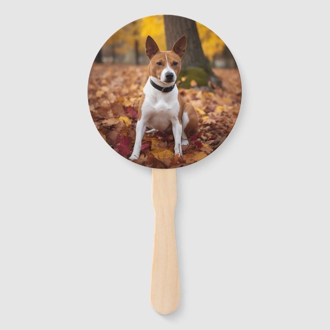 Basenji in Autumn Leaves Fall Inspire  Hand Fan (Front)