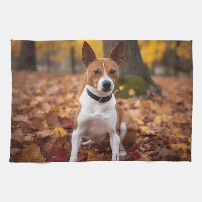Basenji in Autumn Leaves Fall Inspire  Kitchen Towel (Horizontal)