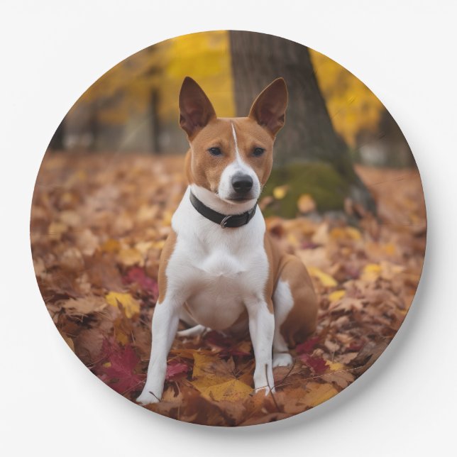 Basenji in Autumn Leaves Fall Inspire  Paper Plates (Front)