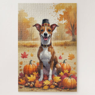 Basenji In Autumn Leaves Thanksgiving Art Jigsaw Puzzle