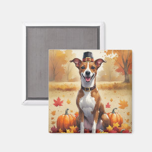 Basenji In Autumn Leaves Thanksgiving Art Magnet
